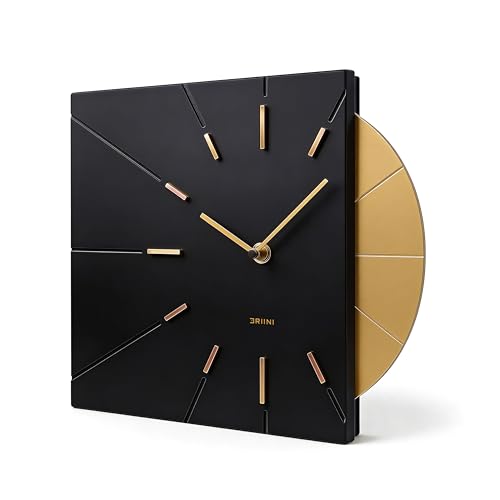 Image of Driini Black and Gold Mid Century Modern Wall Clock, Battery Operated | Square MCM face with a minimalist midcentury look. Contemporary decorative analog design for kitchen, office or living room
