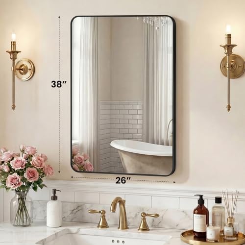 Image of NEWBULIG 26X38 Inch Bathroom Mirror, Rectangle Wall Mirror with Rounded Corners, Black Vanity Mirrors for Bathroom Sink with Metal Frame for Bedroom, Entryway, Hangs Horizontally or Vertically