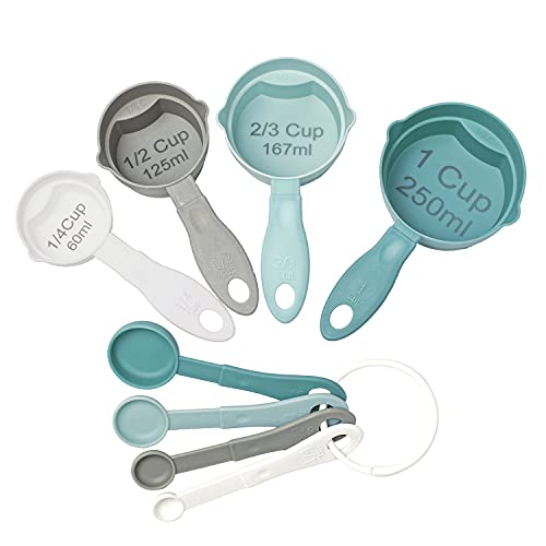 Measuring Cups and Spoons Set of 8, Easy to Read Plastic Measuring Cups Measuring Spoons Stackable for Measuring Dry Liquid Ingredients for Baking Cooking, Dishwasher Safe BPA Free ( Morandi Blue)