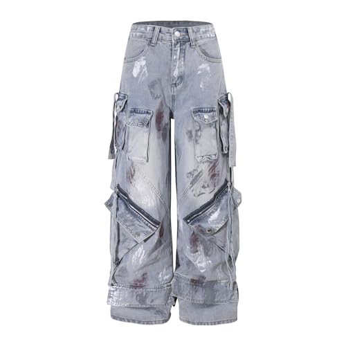 XYXIONGMAO Men's Black Denim Cargo Pants Baggy Wide Leg Grunge Streetwear Multi-Pocket Strap Detail Paint Splatter for Men3