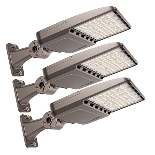 YXL LED Parking Lot Shoebox Lights with Dusk to Dawn Sensor, 21000LM 5000K Daylight, Arm Mount, IP65 Waterproof, Area Lights for Parking Lot & Stadium, 3-Pack
