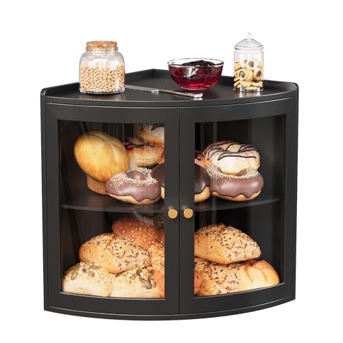 VEDECASA Bamboo Corner Bread Box - 2 Layer Large Capacity Storage Bin with Clear Acrylic Door, Space-Saving Design for Homemade Bread, Black 31x31x38cm