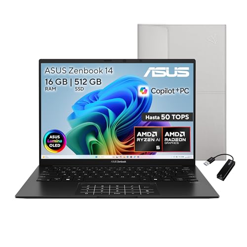ASUS Zenbook 14 OLED/Ryzen AI 5 340/50 Tops/ 16GB - 512 GB SSD/Reconocimiento Facial/Cargador USB-C + Incluye Funda/Teclado en español (Garantia y Servicio con la Marca en Mexico)