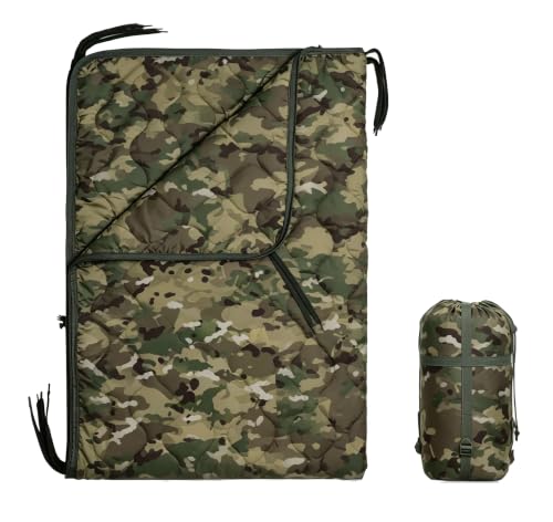 GHILEO Camo Poncho Liner, Army Blanket, Military Sleeping Bag, with A Compression Carrying Bag, for Traveling, Hiking, Camping, Outdoor Survival, Car Blanket
