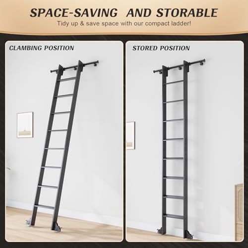 Image of Fredbeck 9ft Black Library Aluminium Step Ladder 108 inch and 4FT Sliding Track | Rolling rollers,Bottom Wheel Included,for Kitchen,Loft,Warehouses,Bookstore,Atti,Dressing Room,Metal