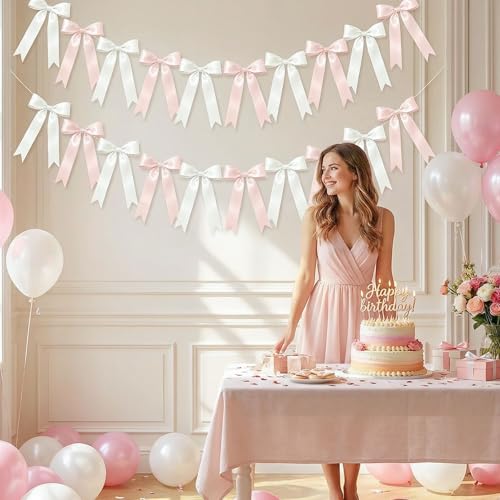 Image of NatNarr 2 Pcs White and Pink Bow Garland, Satin Ribbon Valentines Day Decorations Pre-Strung Bow Garland Party Banner for Wedding Birthday Baby Bridal Shower