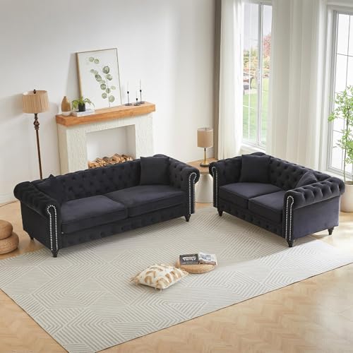 Image of Modern Chesterfield Sofa Set for Living Room, 2 Piece Velvet Fabric Furniture Sets 3 Seater Couch&Loveseat Sofa with Rolled Arms and Tufted Button, Office, Black