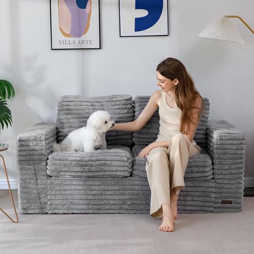 Image of MAXYOYO Loveseat Sofa Couch, Upholstered Bean Bag Chair Cloud Seat for Adults, Boneless Couch with Cushion & Pillows, Sofa in A Box, No Assembly Required, Faux Fur Grey