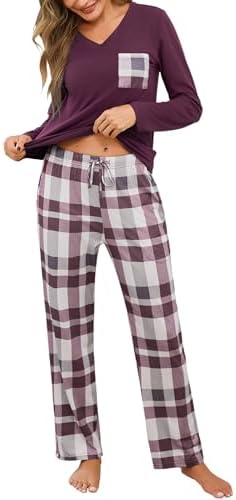 iClosam Schlafanzug Damen Lang Pyjama Set Winter Baumwolle V-Ausschnitt Zweiteiliger Nachtwäsche Langarm Sleepwear und Karierte Pyjamahose Loungewear Freizeitanzug
