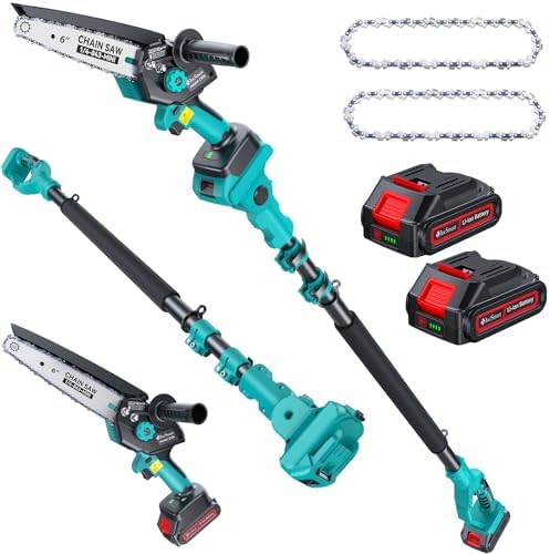 Pole Saw for Tree Trimming, 6" Brushless Mini Chainsaw Cordless with Extension Pole & 2 Batteries, Electric Chain Saw & Pole Prunner for Cutting Tree Limbs Branches, Ideal Gardening Gifts for Men