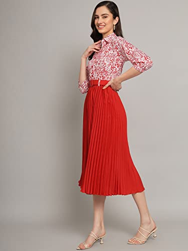 Kzully Women's Print 3/4 Sleeve Pleated Midi Dress With Belt Red