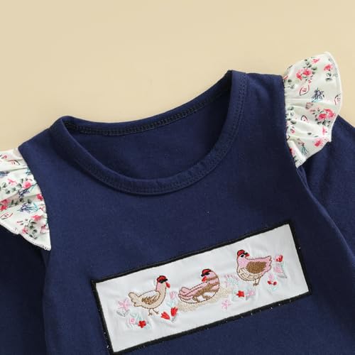 Newborn Baby Girl Farm Outfit Chicken Embroidery Floral Ruffle Trim Flare Jumpsuit Long Sleeve Romper Fall Clothes3