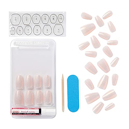 Kiss Classy French Nail Manicure Kit With Gel Finish, Medium, Coffin Shaped, Includes Pink Nail Glue (Net Wt. 2 G / 0.07Oz.), Mini Nail File, Manicure Stick, And 28 Fake Nails, 'Cozy Meets Cute', 28 Count #TOP3