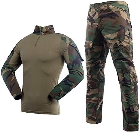 LANBAOSI Men's Tactical Combat Shirt and Pants Set Long Sleeve Multicam Woodland BDU Hunting Military Uniform 1/4 Zip