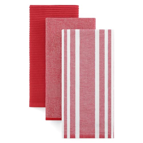 Image of Homaxy Premium Kitchen Towels(18 inchx 28 inch, 3 Pack), Large Cotton 380 GSM Kitchen Hand Towels, Soft and Absorbent Terry Dish Towels, Multipurpose Tea Towel Set with Hanging Loop, Red