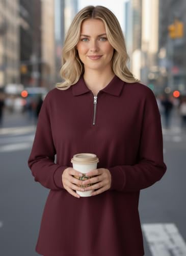 Image of Mack Jonney Women's Ribbed Zip Polo T-Shirt | Full Sleeve Collared Top | Camel Beige Casual Sweatshirt | Regular Fit-M7403