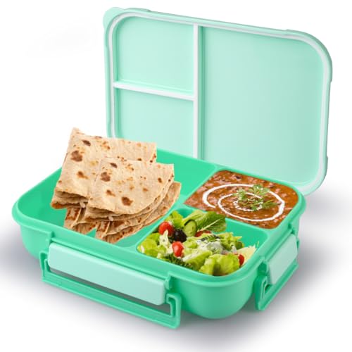 Image of ATTRO Gourmet 3 Compartment Lunch Box Portable Meal Organizer for Office, School BPA-Free, Food Grade Freezersafe, Microwave & Oven Safe 1700ml Mint Green, Plastic