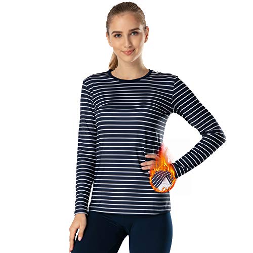 MANCYFIT Womens Thermal Tops Fleece Lined Shirt Long Sleeve Base Layer Striped Shirt Blue X-Large
