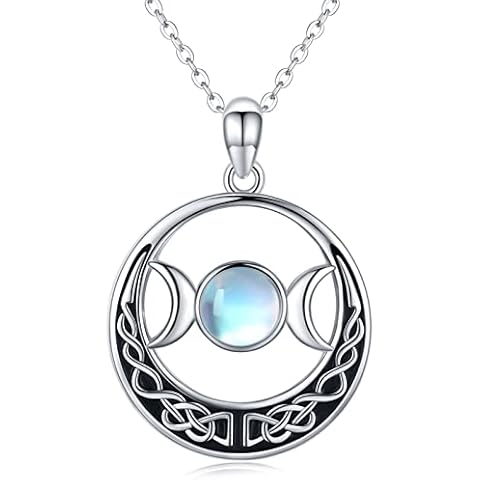 SlowSloth Celtic Triple Moon Goddess Necklace Pendent Sterling Silver Moonstone Pentagram Wiccan Pagan Amulet Celtic Triple Moon Goddess Jewellery Gifts for Women Girls Cover