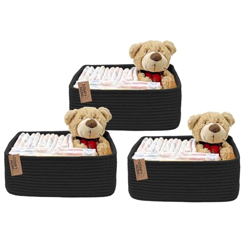 Image of COMFY-HOMI 13" x 8.5" x 5.1" Storage Baskets for Organizing | Cotton Rope Woven Basket | Toy Storage Bin Box | Basket for Shelves, Closet Organizer Bin, Decorative Closet Shelf, 3 Pack, All Black