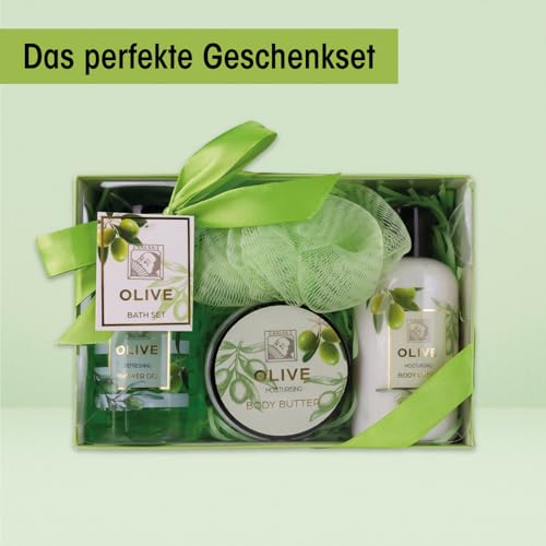 Accentra – Duschset Frauen Geschenkset OLIVE in schöner Geschenkbox, 4-teiliges Pflegeset mit Duschgel, Bodylotion, Körperbutter und Netzschwamm – Wellness Geschenk Set zum Geburtstag & Valentinstag – Bild 3