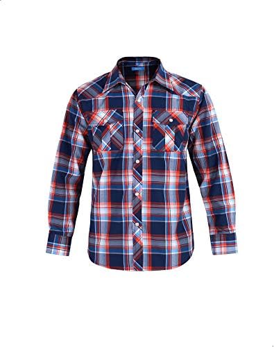 Boy's Toddler Kids Casual Long Sleeve Western Pearl Snap Button Plaid Shirt 4-16 Years (#15 Red & Blue, 8)