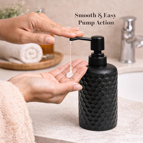 Image of MARKET 99 Black Diamond Cut Bathroom Accessories Set of 2 | Matte Black Polyresin Soap Dispenser & Toothbrush Holder | Luxury Bathroom Organizer Set for Vanity & Wash Basin