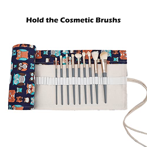 Image of Surblue Canvas Pencil Case Pencil Roll Wrap with 72 Slots Coloring Pencil Holder Organizer Paint Brush Storage Pouch Portable for Artist, Writer (Navy Owl