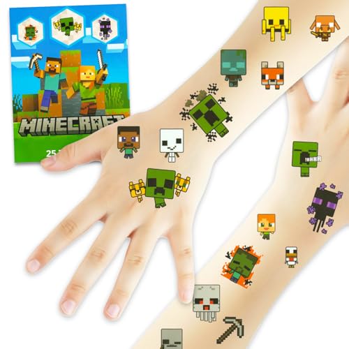 25pcs Minecraft Temporary Tattoos for Teen Cool Birthday Party Favors Cute Video Game Cartoon Decoration Sticker Gifts for Adult Home Activity Class Prizes Carnival Christmas Rewards
