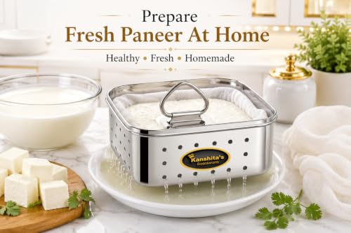 Image of Kanshita's Rasoiware Stainless Steel Paneer Maker Mould, 350ml, Square Paneer & Tofu Press with Lid, Whey Separator, Food Grade Cheese Making Container, 11.7 x 4.5 cm