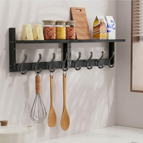 Image of 33 inch Coat Rack Wall Mount with Shelf, Entryway Wall Hooks with Shelf, Heavy Duty Coat Hanger Wall Mount for Living Room, Bedroom, Black