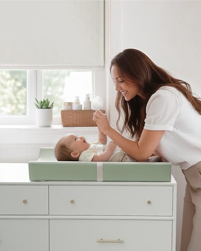Image of Blissful Diary Vegan Leather Baby Changing Pad with Waterproof & Wipe-Clean PU Cover, Standard Size Cozy Diaper Changing Pad for Dresser and Table, Light Green