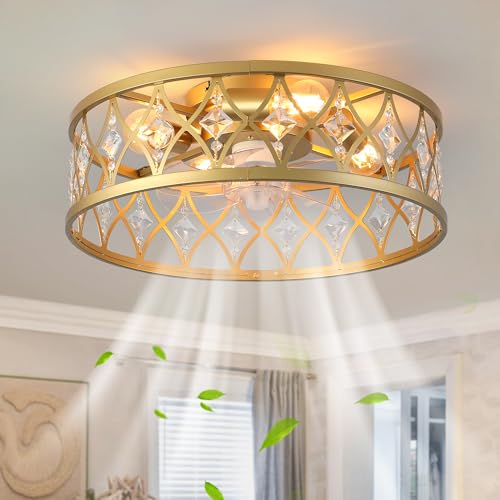 Image of Garwarm Caged Ceiling Fan with Light,20 inch Ceiling Fans with Lights and Remote,Bladeless Fandelier Small Low Profile Ceiling Fan Light Fixture for Bedroom,Kitchen,Dining Room,Gold