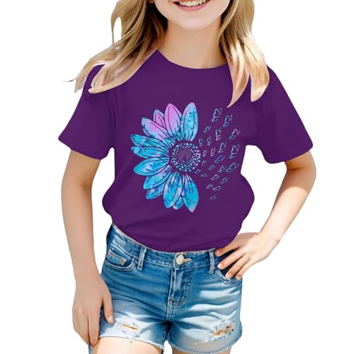 Girls Sunflower Print T-Shirt Short Sleeve Graphic Tees Butterfly Flower Blouse Tween Girls Crewneck Tops Cute T-Shirt