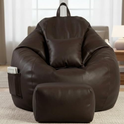 Image of KAM'S LIEU 5XL Luxury Faux Leather Bean Bag with Footrest & Cushion | Pre-Filled High-Density Polystyrene Beans | Premium Leatherette | 6 Months Warranty Color- (Brown, with Footrest)