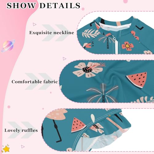 Girls Long Sleeve One Piece Swimsuits UPF 50+ Rashguard Bathing Suits Light Pink Flamingo Tropical Plant Fruit Blue4