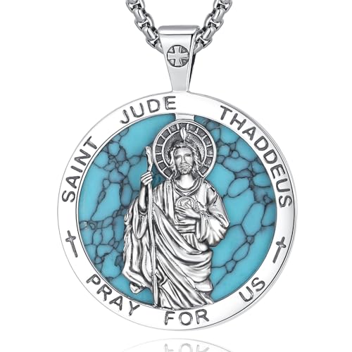 Vito 925 Sterling Silver San Judas Tadeo Necklace for Women Men, Turquoise Saint Jude Thaddeus Pendant San Juditas Tadeo Medal St Jude Protection Amulet Jewelry Gift, 24