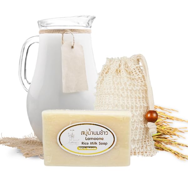 Jabón de leche de arroz a base de hierbas + bolsa exfoliante natural, espuma suave, jabón orgánico hidratante, barra de jabón de colágeno glicerina