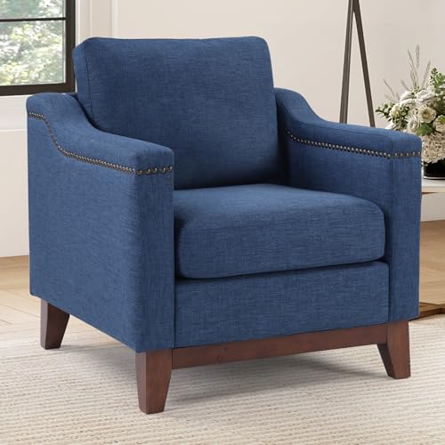 Image of Vintage Upholstered Armchair with Nailhead Trim and Solid Wood Legs, Comfortable Accent Chair for Living Room & Bedroom, Blue