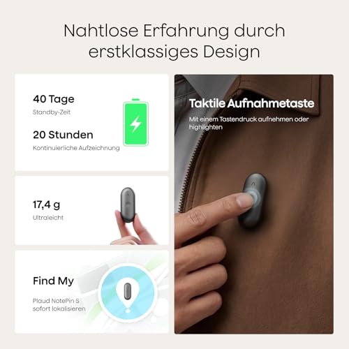 Plaud NotePin S Diktiergerät mit taktiler Aufnahmetaste KI Voice Recorder KI-Notizgerät KI-Schreibfunktion & Zusammenfassung Aufnahmegerät Audiorekorder für Meetings 4 Zubehörteile (Grau)