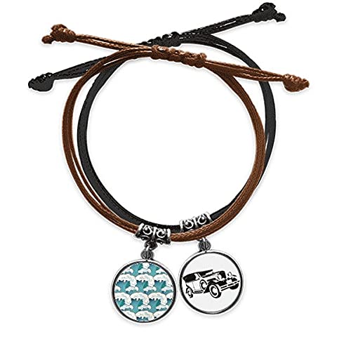 Bracelet corde motif estampe japonaise onde et cuir