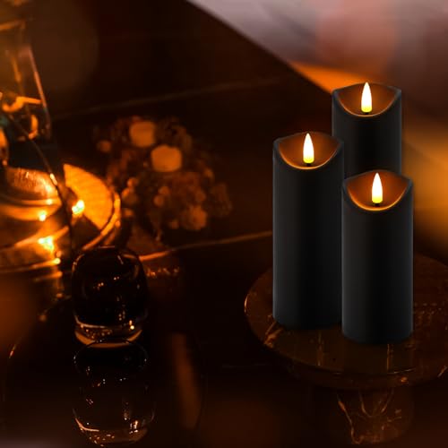 Image of Black Flameless LED Candles with Remote Timer, 72 Pack Battery Operated Flickering Pillar Candles, Waterproof Electric Fake Candles for Halloween Decor, Spooky Party, Haunted House, Indoor Outdoor Use