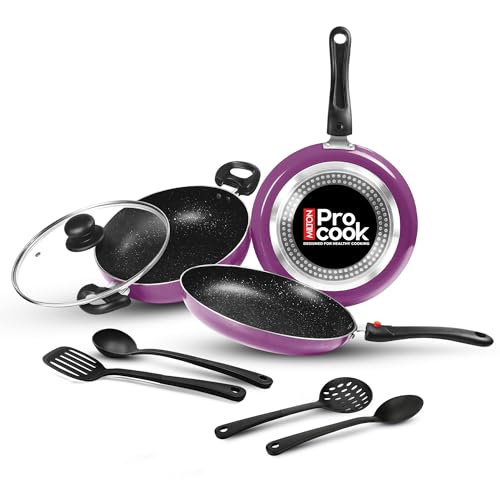 Milton Pro Cook Induction Cookware & Gas Stove Friendly Kitchen Jewel 7 Pc Non Stick Cookware Set | Fry Pan | Kadhai with Glass Lid | Dosa Tawa | Dura