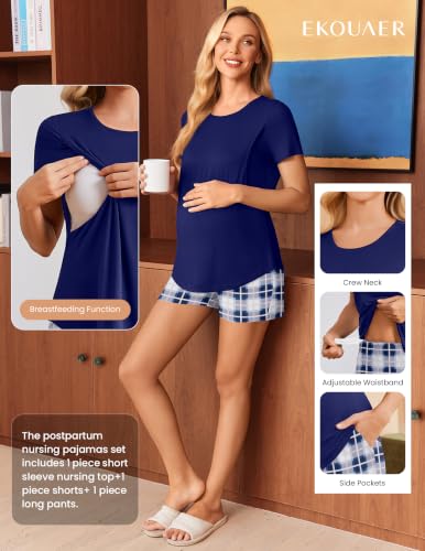 Ekouaer 3 Piece Maternity Nursing Pajamas Set Short Sleeve Breastfeeding Pjs - image 3