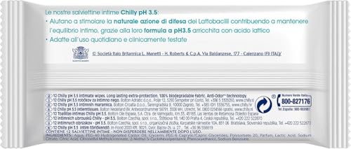 Chilly Salviettine Delicate, Salviette per l'Igiene Intima, Azione di Difesa, Tessuto 100 % Biodegradabile, Ottime Fuori Casa, pH 3.5, Clinicamente Testato, Confezione da 12 Salviettine - Immagine 1