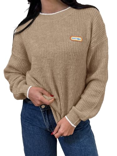 Saodimallsu Womens Fall Knit Sweaters Casual Long Sleeve Crewneck Good Vibe Loose Pullover Sweater Tops