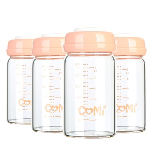 Image of COMI Wide Neck Glass Breastmilk Collection n Storage Bottle, 4 Packs, 6oz with Screw Ring Sealing Disk; Re-markable Sealing Disc. BPA Free, Fits Breast Pumps & Nipples (4 Pink Lids)