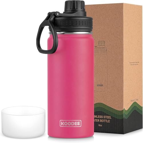 Image of koodee Insulated Water Bottle, 18oz Stainless Steel Double Wall Vacuum Wide Mouth Sport Bottle with Leakproof Spout Lid (Pink Red)