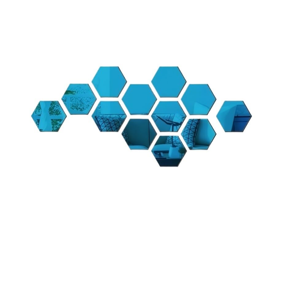 Hexagonal Mirror Wall Sticker 12Pcs Nordic Hexagon Mirror Wall Stickers Geometric Reflective Self-Adhesive Decals Room Brightening Decor(Blue,S 80x70x40mm)