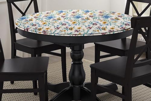 Image of The Furnishing Tree Elastic Cotton Round Dining Table Cover 54x54 in Inches Floral Golden Leaf on offwhite Base